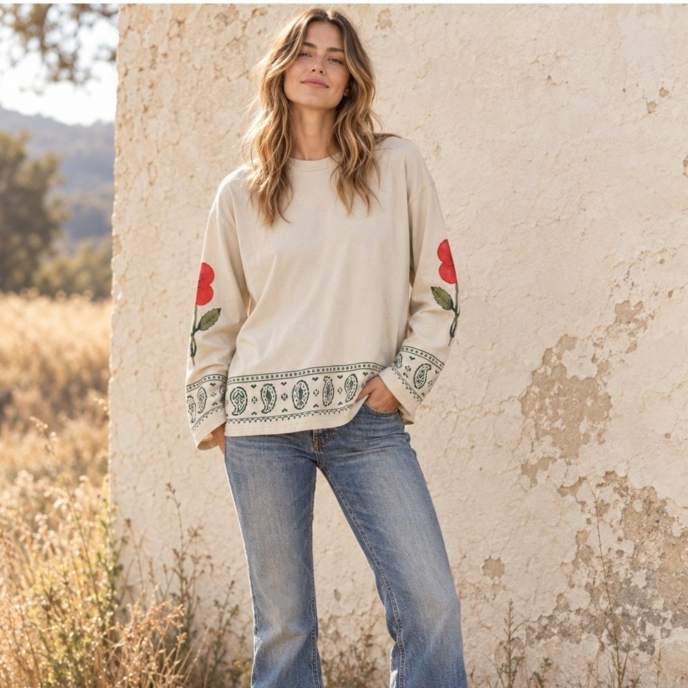 FOUND Women's Small Garden Bloom Embroidered Cream Long Sleeve Boho Tee